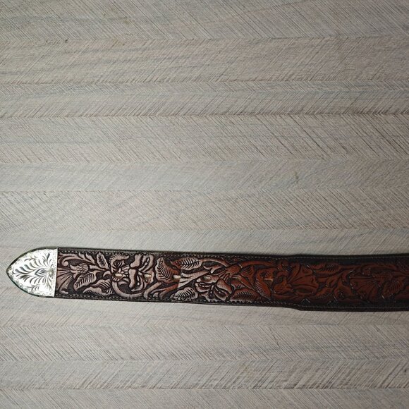 Vintage Sears Men's 52 Belt Western Tooled Genuine Leather With Silver Buckle - Picture 6 of 8